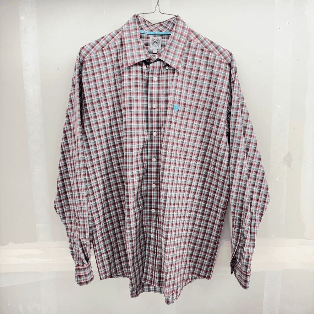 Cinch Performance Shirt Men's Large Red Blue Plaid Western Monogram‎ Long Sleeve